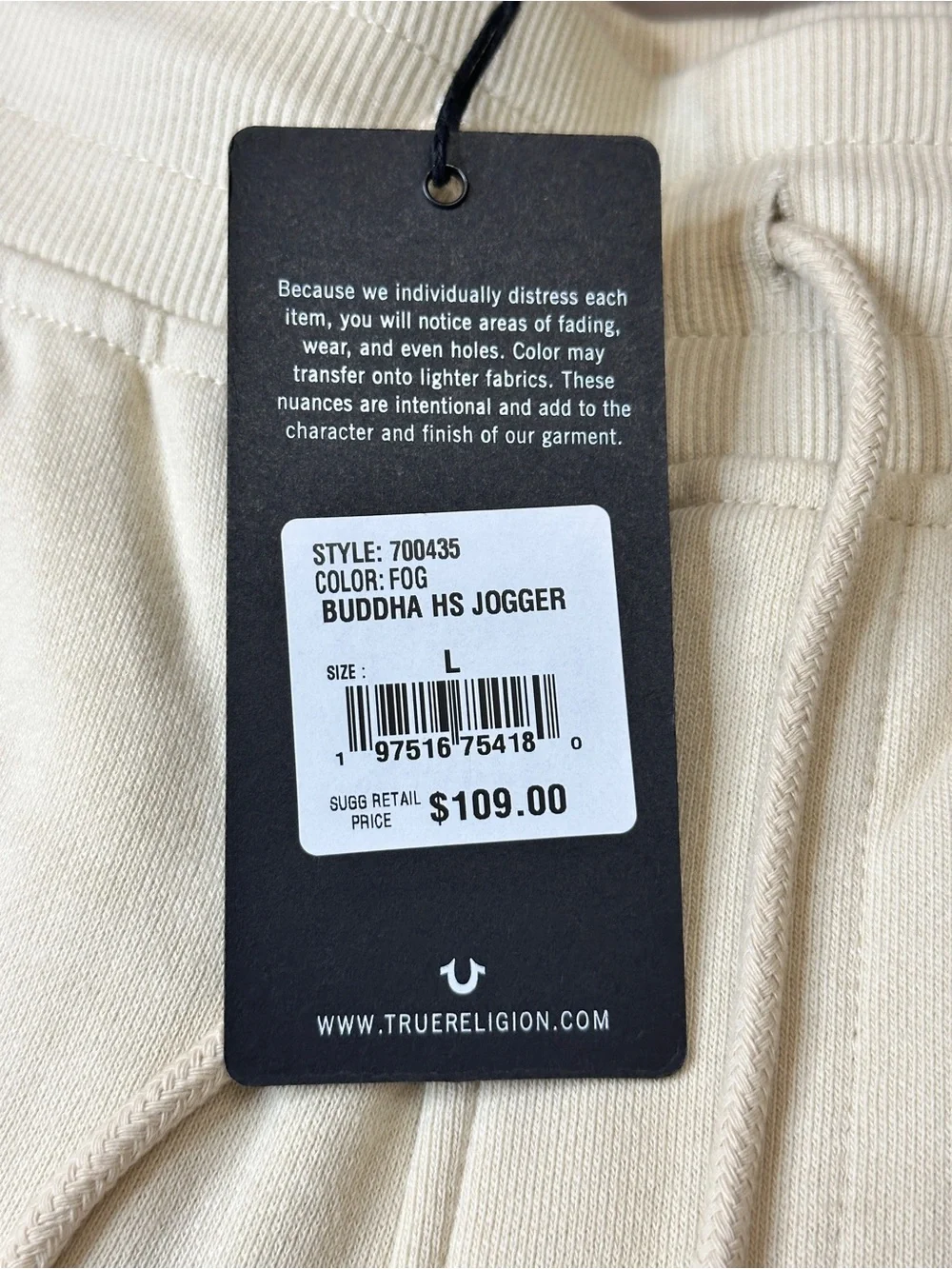 True Religion Buddha HS Jogger Sweatpants Fog Cream Off-White Men’s Large $109